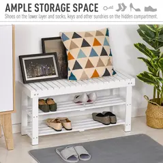 HOMCOM Shoe Bench, 3-Tier Wooden Shoe Rack with Hidden Storage Compartment, Slatted Shelves, Home Storage Unit, Hallway Furniture, White, 90L x 29W x45H cm - 4