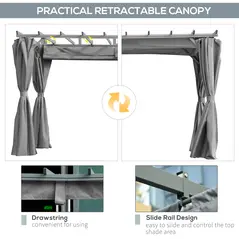 Outsunny 3.6 x 3(m) Outdoor Pergola with Retractable Roof and Curtains, Garden Gazebo Canopy Sun Shade Shelter with Aluminum Frame, Dark Grey - 7
