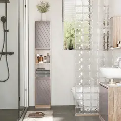 HOMCOM Narrow Bathroom Cabinet, Slim Bathroom Storage Unit with Open Compartment, Freestanding Storage Cupboard with Adjustable Shelves for Small Spaces, 30 x 24 x 170 cm, Grey and Oak - 2