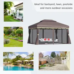 Outsunny 3 x 4m Aluminium Garden Gazebo, Marquee Canopy Shelter Pavilion Party Tent with Nets and Curtains for Garden and Deck, Coffee - 6