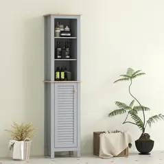 kleankin Bathroom Floor Storage Cabinet with 3 Tier Shelf and Cupboard with Door, Free Standing Linen Tower, Tall Slim Side Organizer Shelves, Grey - 7