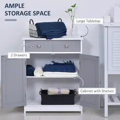 kleankin 75x60cm Freestanding Bathroom Storage Cabinet Unit w/ 2 Drawers Cupboard Adjustable Shelf Metal Handles Traditional Style Grey White - 4