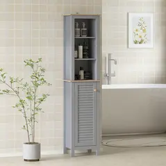 kleankin Bathroom Floor Storage Cabinet with 3 Tier Shelf and Cupboard with Door, Free Standing Linen Tower, Tall Slim Side Organizer Shelves, Grey - 2