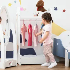 HOMCOM Kids Clothes Rail Wooden Hanging Rack with Storage Shelves Children Garment Freestanding Wardrobe for 3-8 Years Toddler, White - 2