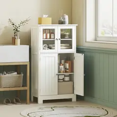 kleankin Bathroom Floor Cabinet, Freestanding Kitchen Cupboard with 2 Drawers, Adjustable Shelves and Tempered Glass Door, Wooden  Storage Unit for Living Room Kitchen Hallway - 2