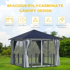 Outsunny 3 x 3(m) Hardtop Gazebo Canopy with Polycarbonate Roof, Steel & Aluminium Frame, Garden Pavilion with Mosquito Netting and Curtains, Black - 4