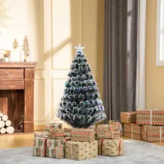 HOMCOM 4ft Artificial Prelit Christmas Tree, Snow Xmas Tree with Colourful LED Lighting Fiber Optics, Green White - 2
