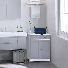 kleankin 75x60cm Freestanding Bathroom Storage Cabinet Unit w/ 2 Drawers Cupboard Adjustable Shelf Metal Handles Traditional Style Grey White - 2