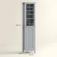 kleankin Bathroom Floor Storage Cabinet with 3 Tier Shelf and Cupboard with Door, Free Standing Linen Tower, Tall Slim Side Organizer Shelves, Grey - 3
