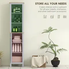 kleankin Bathroom Floor Storage Cabinet with 3 Tier Shelf and Cupboard with Door, Free Standing Linen Tower, Tall Slim Side Organizer Shelves, Grey - 4