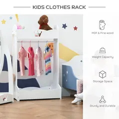 HOMCOM Kids Clothes Rail Wooden Hanging Rack with Storage Shelves Children Garment Freestanding Wardrobe for 3-8 Years Toddler, White - 4