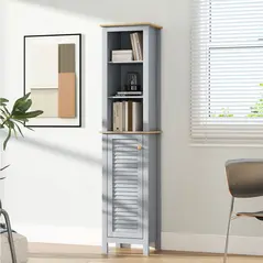 kleankin Bathroom Floor Storage Cabinet with 3 Tier Shelf and Cupboard with Door, Free Standing Linen Tower, Tall Slim Side Organizer Shelves, Grey - 8