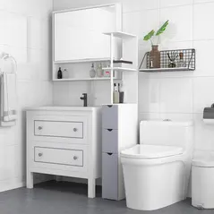 HOMCOM Tall Bathroom Cabinet, Freestanding Bathroom Storage Cabinet with 2-Tier Shelf and Drawers, Narrow Cupboard Storage Unit, White, Grey - 2