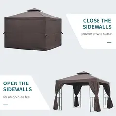 Outsunny 3 x 3 m Garden Gazebo Double Roof Marquee Patio Wedding Party Tent Canopy Shelter with Sidewalls (Brown) - 6