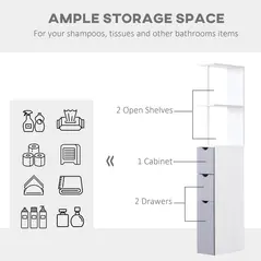 HOMCOM Tall Bathroom Cabinet, Freestanding Bathroom Storage Cabinet with 2-Tier Shelf and Drawers, Narrow Cupboard Storage Unit, White, Grey - 4