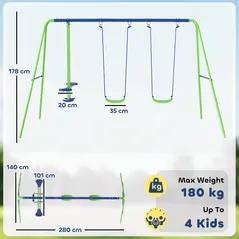 Outsunny Metal Garden Swing Set Height Adjustable Children Outdoor Backyard Play Set for Toddlers Over 3 Years Old, Green - 3