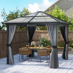 Outsunny 3 x 3(m) Hardtop Gazebo Canopy with Polycarbonate Roof, Aluminium Frame, Permanent Pavilion Garden Gazebo with Netting and Curtains for Patio, Deck, Dark Grey - 2