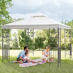 Outsunny 3 x 3m Outdoor Steel Gazebo with 2 Tier Roof, Garden Gazebo Patio Canopy Marquee Shelter with Decorative Steel Frame - Cream - 2