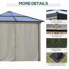 Outsunny 3 x 3(m) Hardtop Gazebo Canopy with Polycarbonate Roof, Aluminium Frame, Permanent Pavilion Garden Gazebo with Netting and Curtains for Patio, Deck, Dark Grey - 6