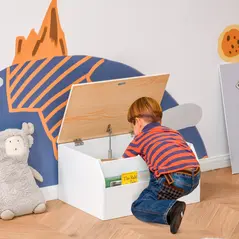 HOMCOM Wooden Kids Toy Box Children Storage Chest Organiser Book Slot Safety Hinge Playroom Furniture White - 2