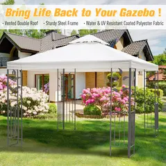 Outsunny 3 x 3m Outdoor Steel Gazebo with 2 Tier Roof, Garden Gazebo Patio Canopy Marquee Shelter with Decorative Steel Frame - Cream - 4