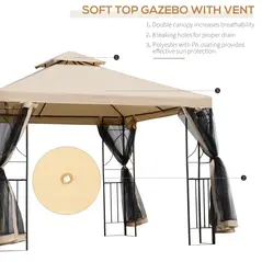 Outsunny 3(m) x 3(m) Garden Gazebo, Double Roof Outdoor Gazebo Canopy Shelter with Netting, Solid Steel Frame for Garden, Lawn, Backyard and Deck - 4