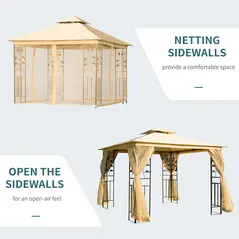 Outsunny 3(m) x 3(m) Garden Gazebo, Double Roof Outdoor Gazebo Canopy Shelter with Netting, Solid Steel Frame, for Garden, Lawn and Deck, Beige - 4
