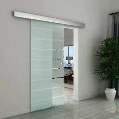 HOMCOM 90cm Sliding Glass Door with Hardware Track Kit, Frosted Tempered Glass with Stripe Pattern, Round Handle - 2