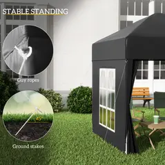 Outsunny 2 x 2 m Garden Pop Up Gazebo, Wedding Party Tent Marquee, Water Resistant Awning Canopy with Sidewalls, Windows, Carry Bag, Black - 6