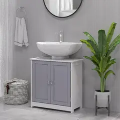 kleankin 60x60cm Under-Sink Storage Cabinet w/ Adjustable Shelf Handles Drain Hole Bathroom Cabinet Space Saver Organizer White and Grey - 2