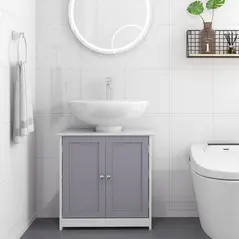 kleankin 60x60cm Under-Sink Storage Cabinet w/ Adjustable Shelf Handles Drain Hole Bathroom Cabinet Space Saver Organizer White and Grey - 7