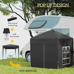 Outsunny 2 x 2 m Garden Pop Up Gazebo, Wedding Party Tent Marquee, Water Resistant Awning Canopy with Sidewalls, Windows, Carry Bag, Black - 4