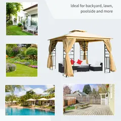 Outsunny 3(m) x 3(m) Garden Gazebo, Double Roof Outdoor Gazebo Canopy Shelter with Netting, Solid Steel Frame, for Garden, Lawn and Deck, Beige - 7