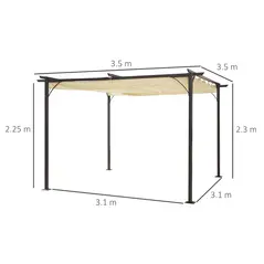 Outsunny 3.5M X 3.5M Metal Pergola Gazebo Awning Retractable Canopy Outdoor Garden Sun Shade Shelter Marquee Party BBQ, Beige - 3