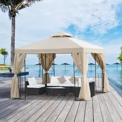 Outsunny 3 x 3 m Garden Gazebo Double Roof Marquee Patio Wedding Party Tent Canopy Shelter with Sidewalls, (Beige) - 2