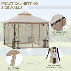 Outsunny 3 x 3(m) Garden Gazebo Patio Party Tent Shelter Outdoor Canopy Double Tier Sun Shade Metal Frame Netting, Beige - 5