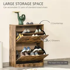 HOMCOM Industrial Shoe Cabinet with 2 Flip Drawers, Narrow Shoe Storage Cabinet for 12 Pairs, Freestanding Slim Shoe Storage Organiser for Entryway, Hallway, Rustic Brown - 4