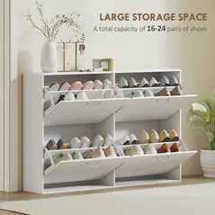 HOMCOM Wooden Modern Design 4 Drawer Shoes Cabinet Pull Down Shelf Storage Organiser - White - 4