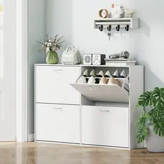 HOMCOM Wooden Modern Design 4 Drawer Shoes Cabinet Pull Down Shelf Storage Organiser - White - 2