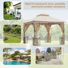 Outsunny 3 x 3(m) Garden Gazebo Patio Party Tent Shelter Outdoor Canopy Double Tier Sun Shade Metal Frame Netting, Beige - 6