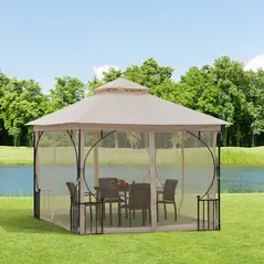 Outsunny 3 x 3(m) Garden Gazebo Patio Party Tent Shelter Outdoor Canopy Double Tier Sun Shade Metal Frame Netting, Beige - 2
