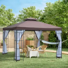 Outsunny 3 x 3(m) Patio Gazebo Canopy Garden Pavilion Tent Shelter with 2 Tier Roof and Mosquito Netting, Steel Frame, Coffee - 2