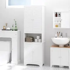 HOMCOM Tall Freestanding Bathroom Cabinet Retro Shutters w/ 3 Compartments Shelves Elevated Base Narrow Organiser White 60L x 30W x 182.5H cm - 8