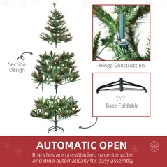 HOMCOM 1.8m 6ft Pre-Lit Christmas Tree Artificial Spruce Xmas Tree Warm White LED Holiday Décor with Metal Stand - 6