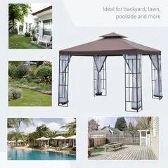 Outsunny 3 x 3(m) Patio Gazebo Canopy Garden Pavilion Tent Shelter with 2 Tier Roof and Mosquito Netting, Steel Frame, Coffee - 7