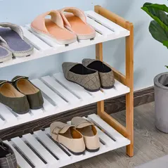 HOMCOM 3-Tier Shoe Rack Wood Frame Slatted Shelves Spacious Open Hygienic Storage Home Hallway Furniture Family Guests 70L x 26W x 57.5H cm - Natural - 7
