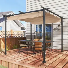 Outsunny 3 x 3(m) Metal Pergola with Retractable Roof, Garden Gazebo Metal Pergola Canopy. Outdoor Sun Shade Shelter for Party BBQ, Beige - 2