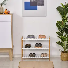 HOMCOM 3-Tier Shoe Rack Wood Frame Slatted Shelves Spacious Open Hygienic Storage Home Hallway Furniture Family Guests 70L x 26W x 57.5H cm - Natural - 9