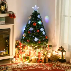 HOMCOM 3FT Green Fibre Optic Artificial Christmas Tree Xmas Colourful LED Scattered Tree with Snowflakes Ornaments Fireproofing - 2