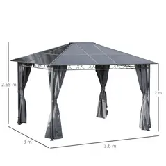 Outsunny 3 x 3.6m Hardtop Gazebo Canopy with Polycarbonate Roof, Permanent Pavilion Garden Gazebo with Curtains for Patio, Deck, Grey - 3